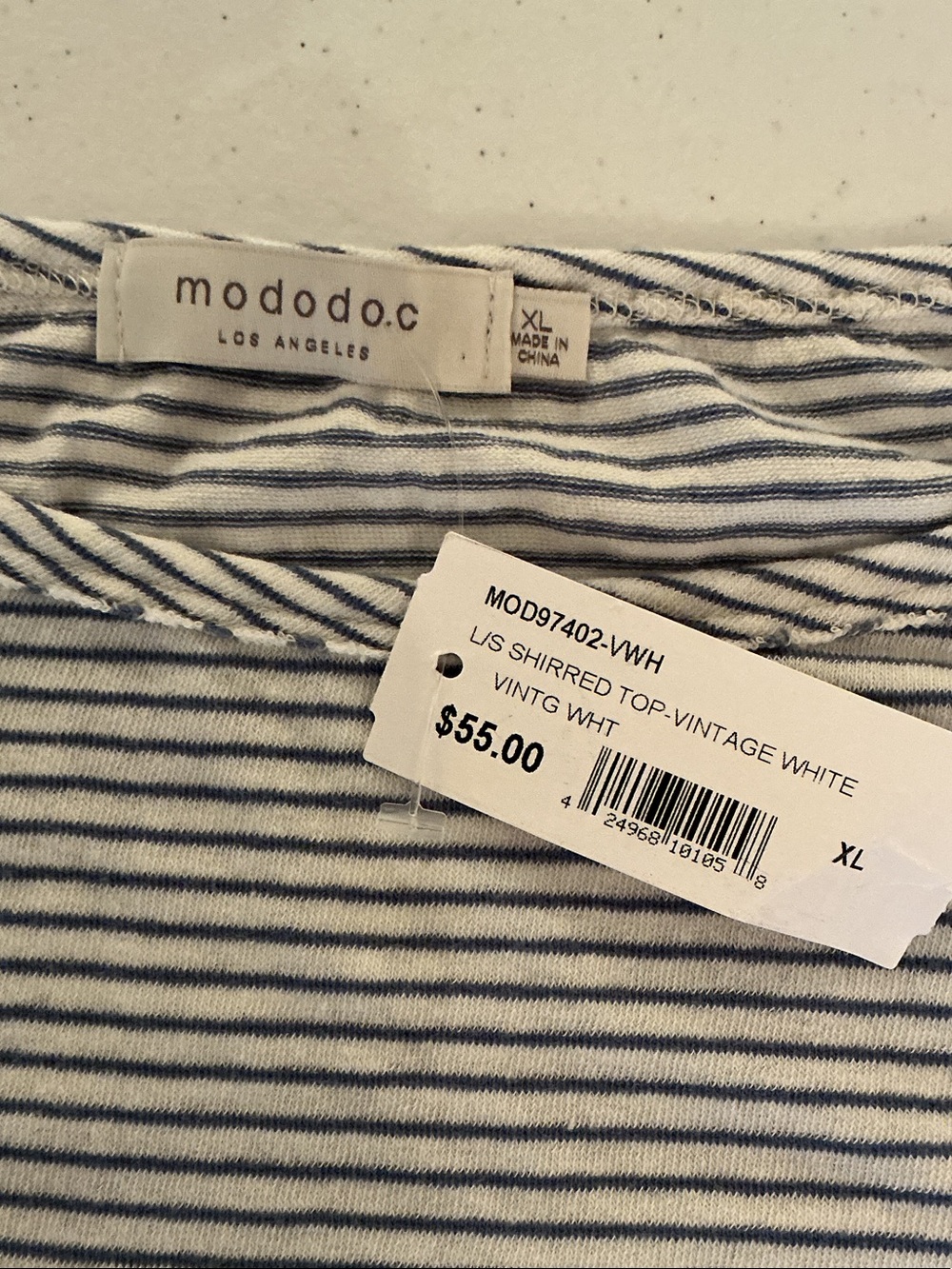 mododoc Vintage White Long Sleeve Shirred Top - White with Navy Stripes
